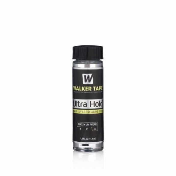 Ultra Hold Likit Yapıştırıcı, protez saçı deriye yapıştırmak için kullanılan deriye sürülen, walker tape markasının ürettiği 41.4 Ml şişe şeklinde fırçalı, Özellikle yağlı ciltler ve denize sık girenler için kullanılan fırçayla sürülen sıvı yapıştırıcı görseli.